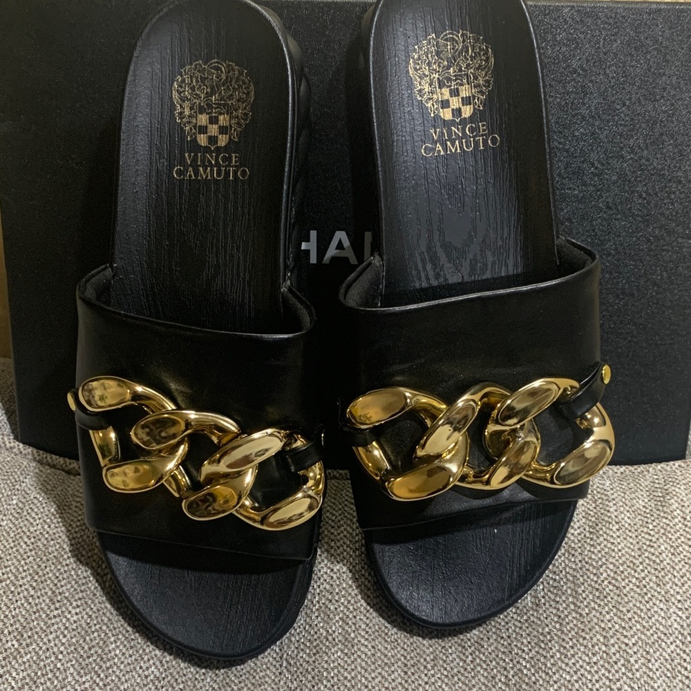 Vince Camuto Black Slide Sandals with Gold Chain Accent
